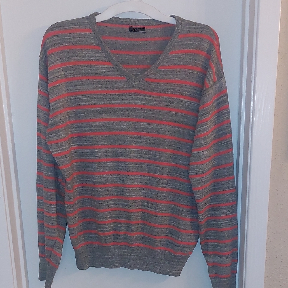 Men's PD&C Striped V-Neck Sweater - Gray and Peachy Size Medium